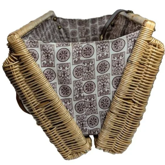 VTG Handwoven Wicker Basket Satchel Handbag Tan Leather-Brass Accents Hong Kong - Picture 9 of 11